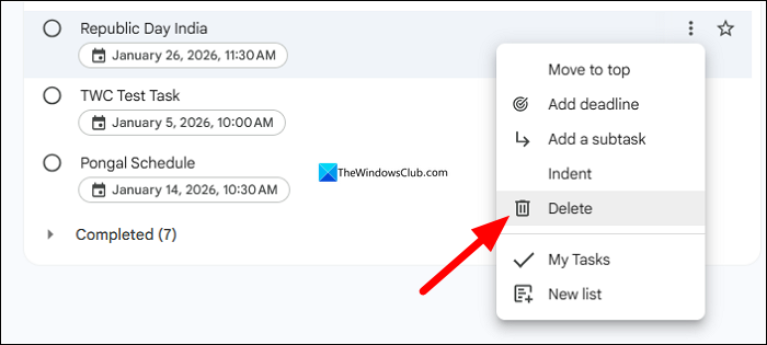 Delete a task on My Tasks list