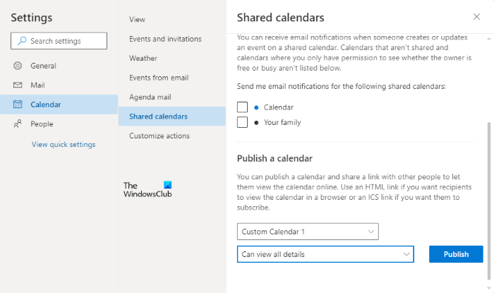 Publish Outlook Calendar