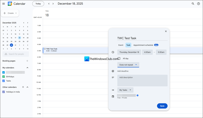 Create a Task on Google Calendar